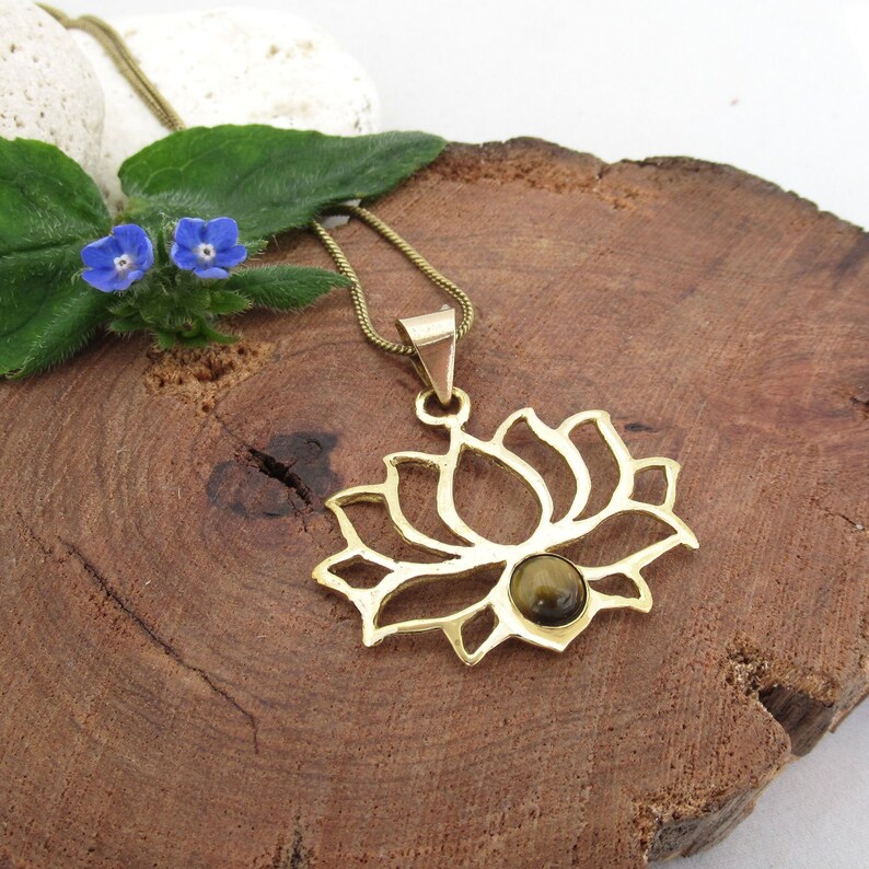 Meaningful jewelry Yoga lover gift Golden Lotus necklace Tiger/'s eye Lotus brass necklace