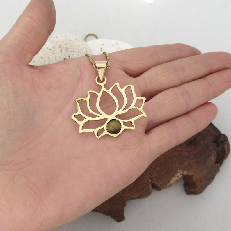 Meaningful jewelry Yoga lover gift Golden Lotus necklace Tiger/'s eye Lotus brass necklace