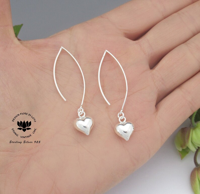 Dangle heart threader earrings Sterling silver Puff heart Etsy