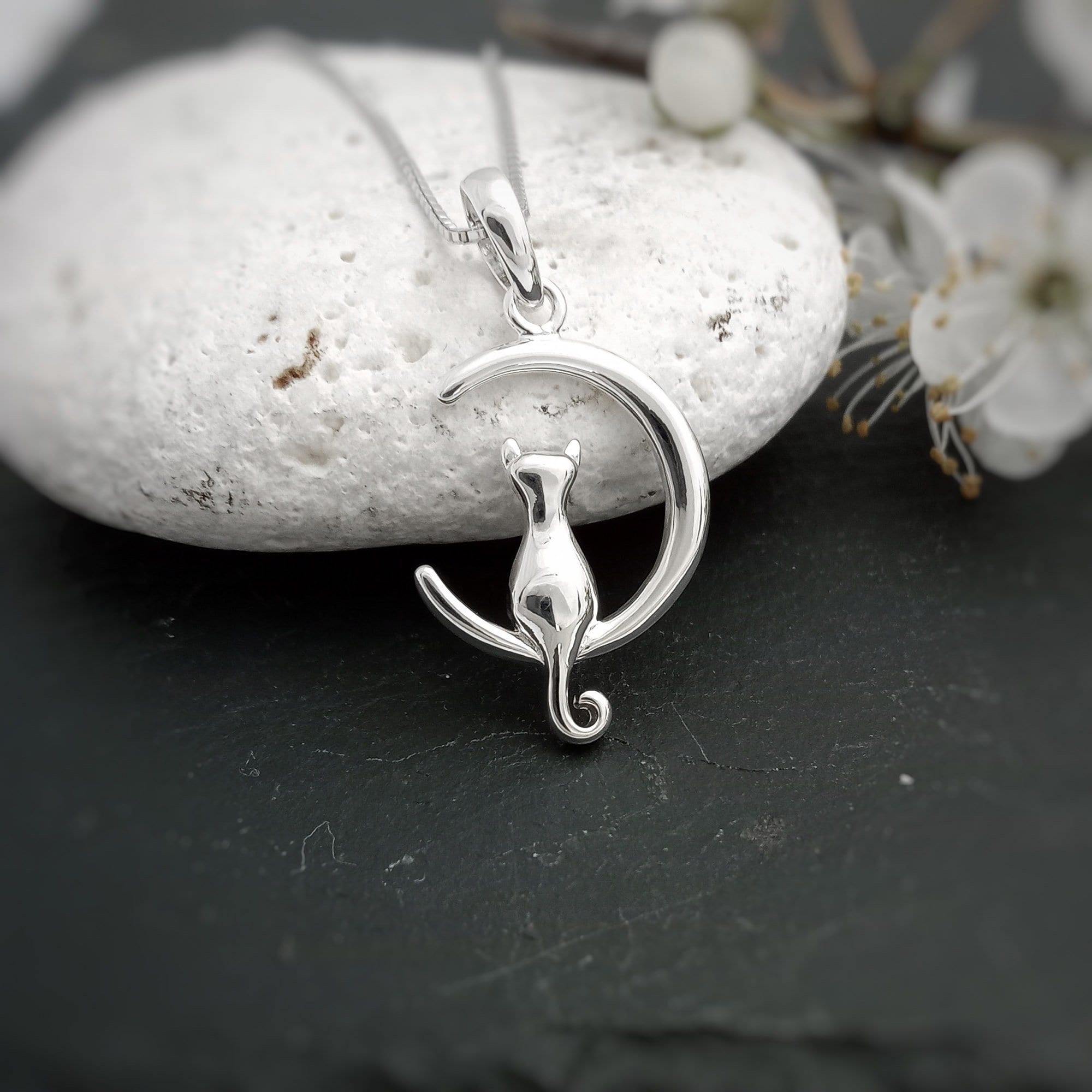 Pendentif Chat Sur Lune En Argent 925 - Bijou Finition Argentée - Idée Cadeau Anniversaire Noël