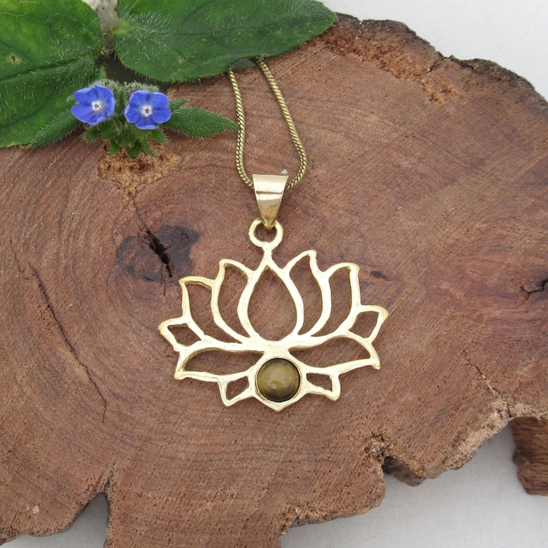 Meaningful jewelry Yoga lover gift Golden Lotus necklace Tiger/'s eye Lotus brass necklace