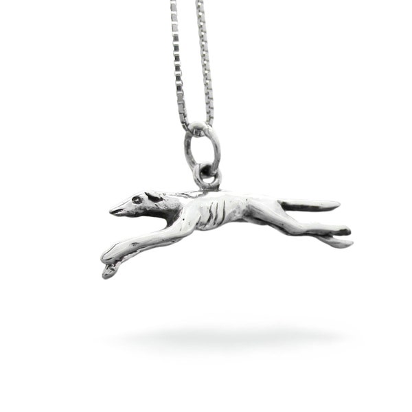 Running Greyhound dog necklace pendant in Sterling silver, Realistic dog charm, Rescue dog jewelry, Dog Race jewelry for her