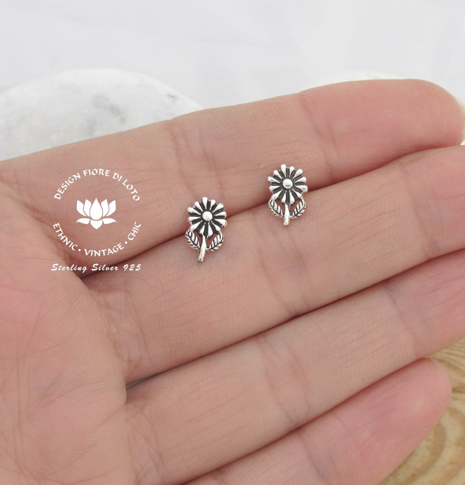 Sterling Silver Sunflower Stud Earrings Sunflower With Stem Etsy