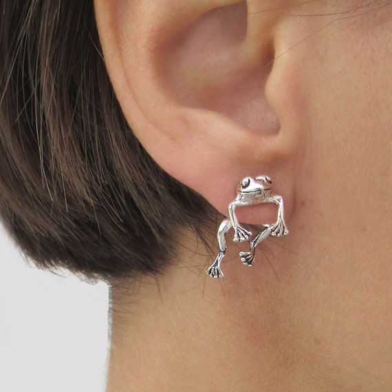 Front Back Frog Earrings in Sterling Silver Unusual Frog Ear