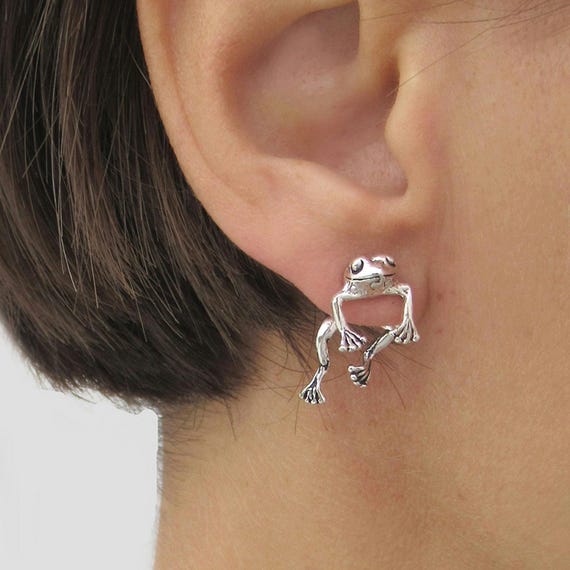 Front Back Frog Earrings in Sterling Silver Unusual Frog Ear Jacket Two Piece Earrings 2 Side Hanging Toad Studs Frog Lover Jewelry Etsy UK
