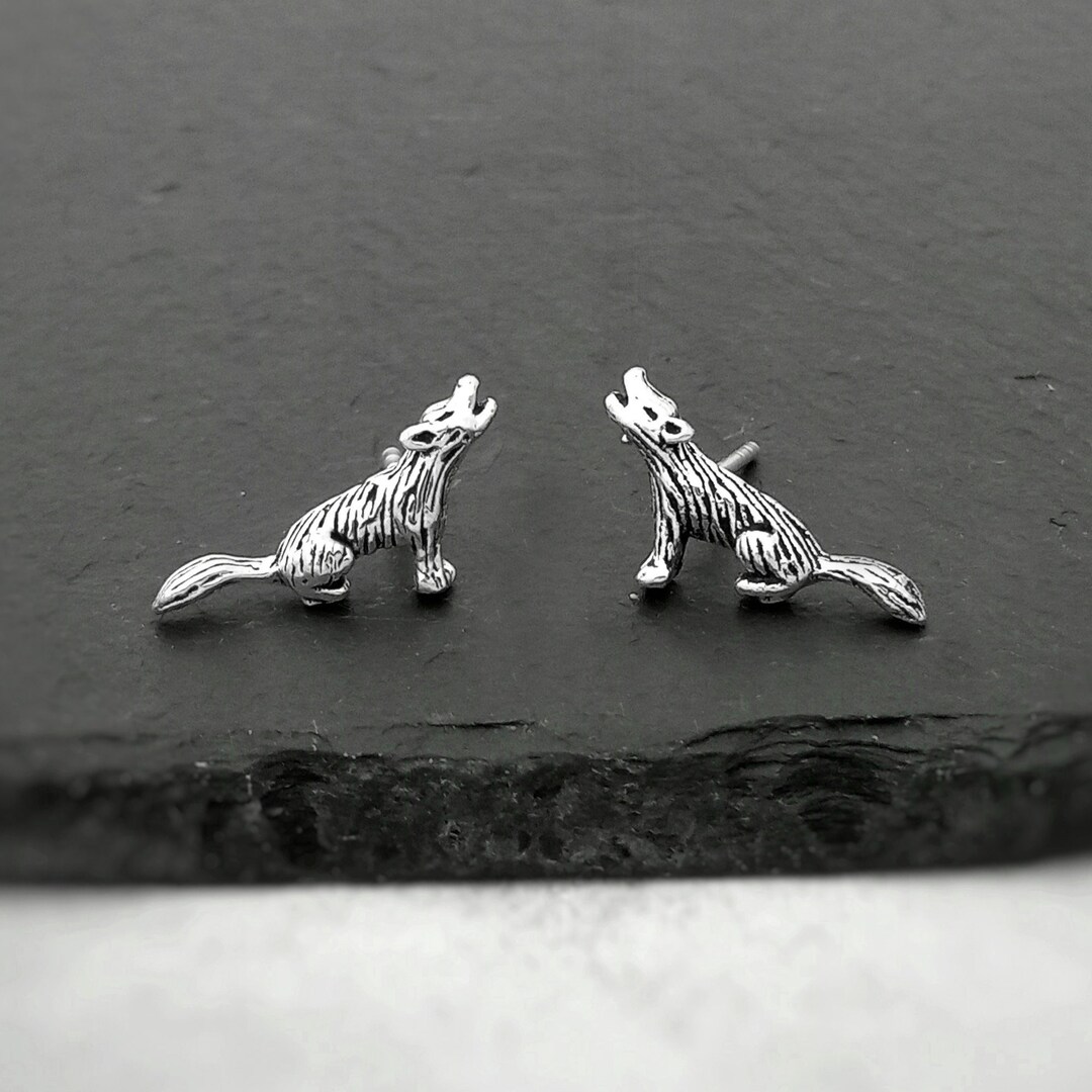 Sterling Silver Howling Wolf Stud Earrings - Wild Animal Jewelry