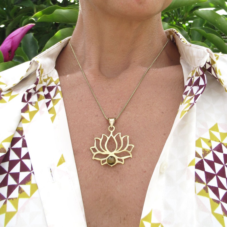 Meaningful jewelry Yoga lover gift Golden Lotus necklace Tiger/'s eye Lotus brass necklace