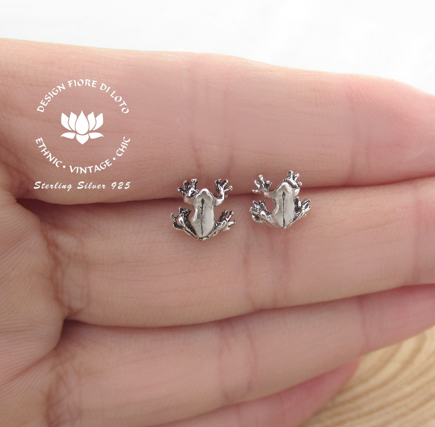 Sterling silver Frog Stud Earrings, Small animal earrings, Frog and T…