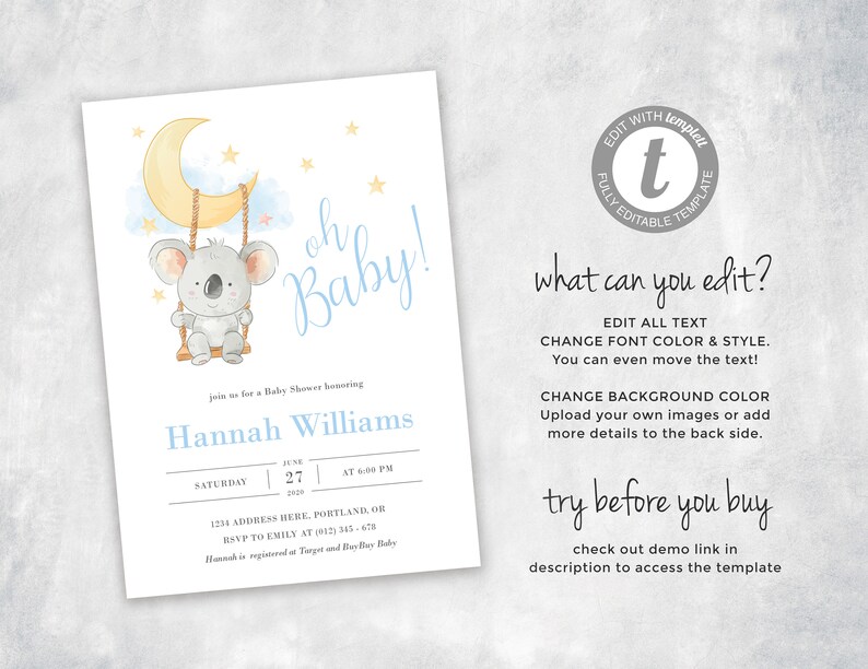 EDITABLE Koala Baby Shower Invitation Cute Baby Shower Invitation Oh Baby Invitation Moon Baby Shower Invites Twinkle Invite
