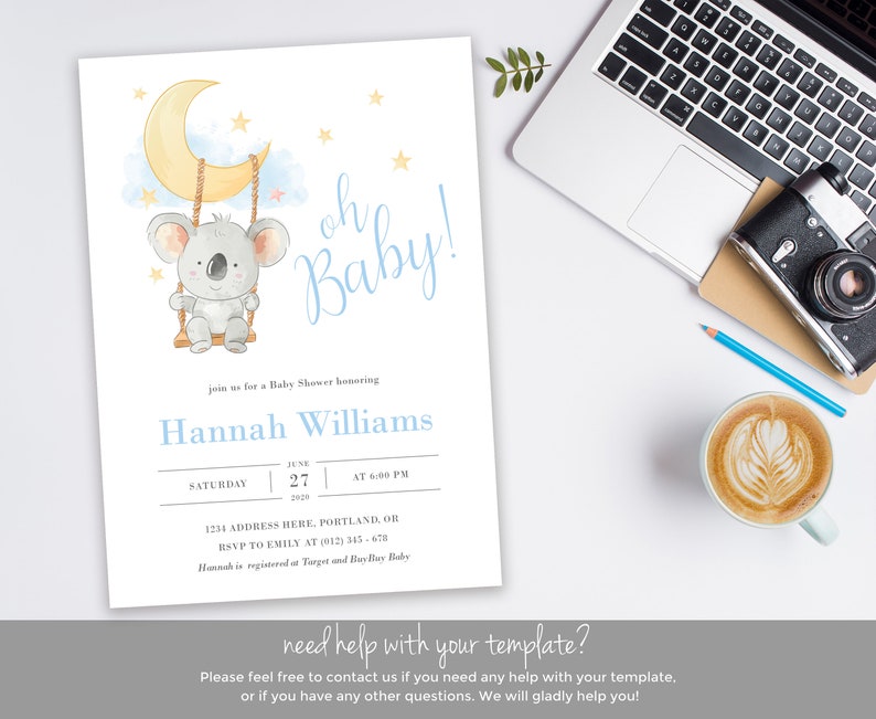 EDITABLE Koala Baby Shower Invitation Cute Baby Shower Invitation Oh Baby Invitation Moon Baby Shower Invites Twinkle Invite