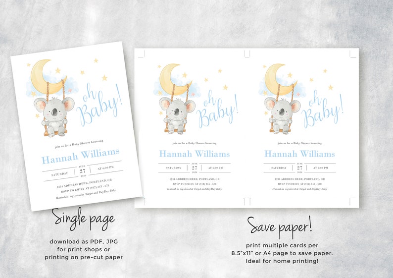 EDITABLE Koala Baby Shower Invitation Cute Baby Shower Invitation Oh Baby Invitation Moon Baby Shower Invites Twinkle Invite