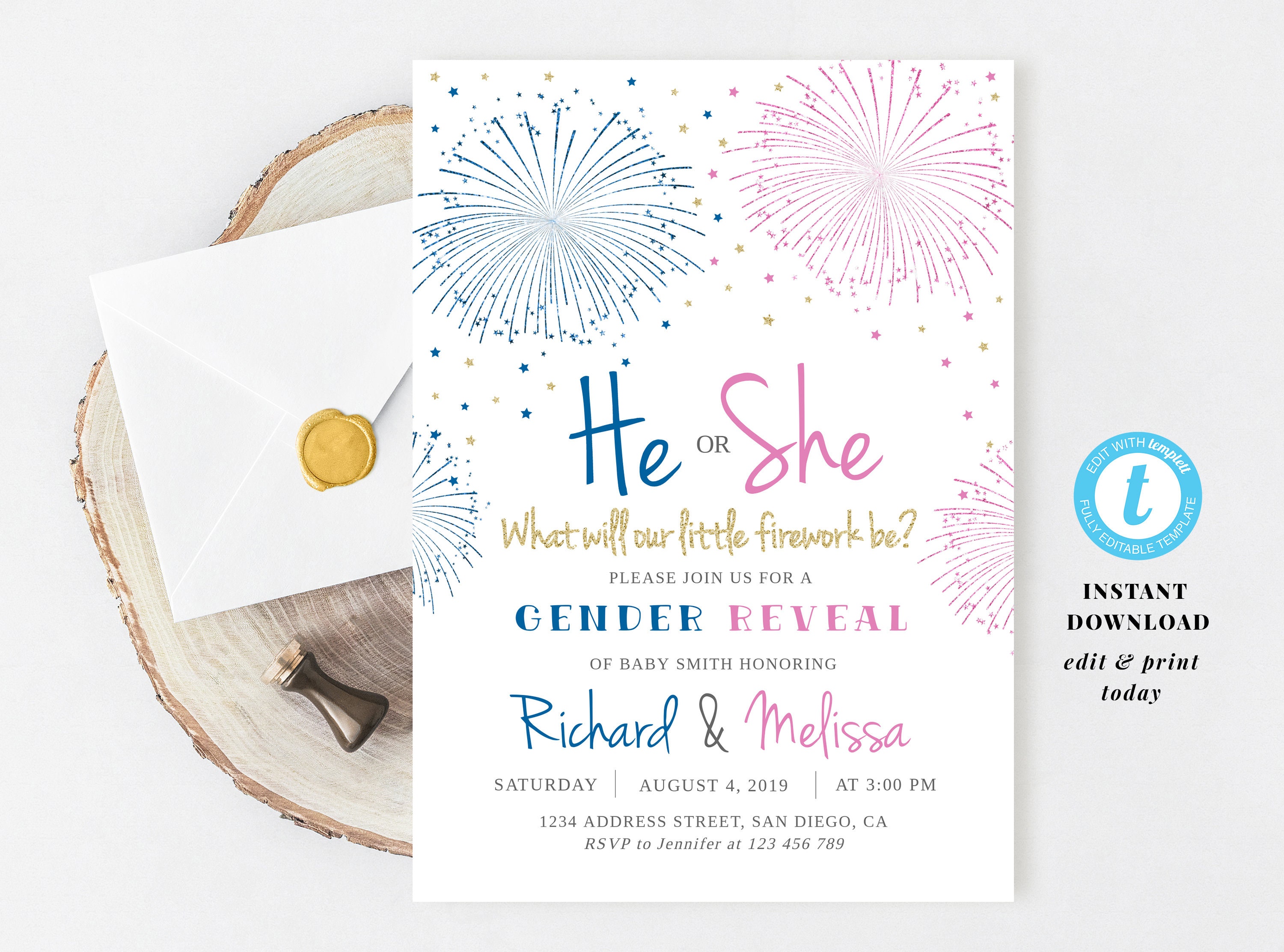 Fireworks Gender Reveal Invitation EDITABLE TEMPLATE Etsy