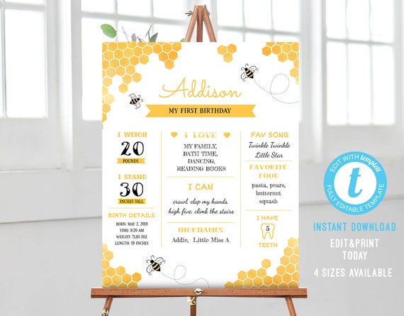 Bee Milestone Board Editable 1st Birthday Board Template Etsy