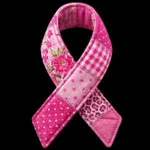 May include: A pink ribbon with a patchwork design, featuring floral, polka dot, gingham, and leopard print patterns. The ribbon is set against a black background, highlighting the various textures and shades of pink.