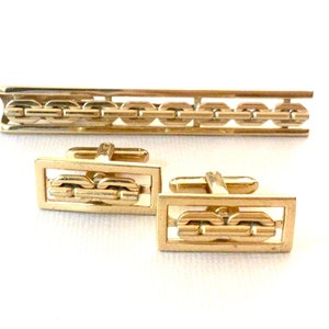 Vintage Hickok USA Tie Clip Cufflinks Set: Pale Gold Basketweave, 1970s
