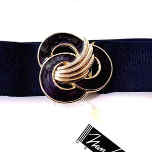 Vintage Stretch Belt With Enamel Buckle, 80s Dark Blue Nan Lewis Belt For Dress, NOS With Tag M/L, 1980s Fashion Retro Belt Buckle for Women