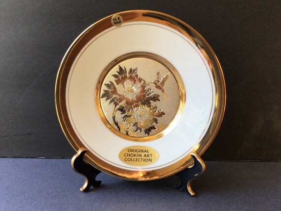 Vintage Chokin Kunst Teller: 24k Gold Kolibri Schmuckschale