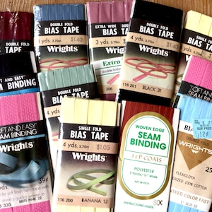 12 vintage biaisband, naadbinding, NOS-naaien uit de jaren 80, kortstondig naaien, vintage naaitape, Wrights Made In USA, Fabric Destash, Mixed Media Crafts