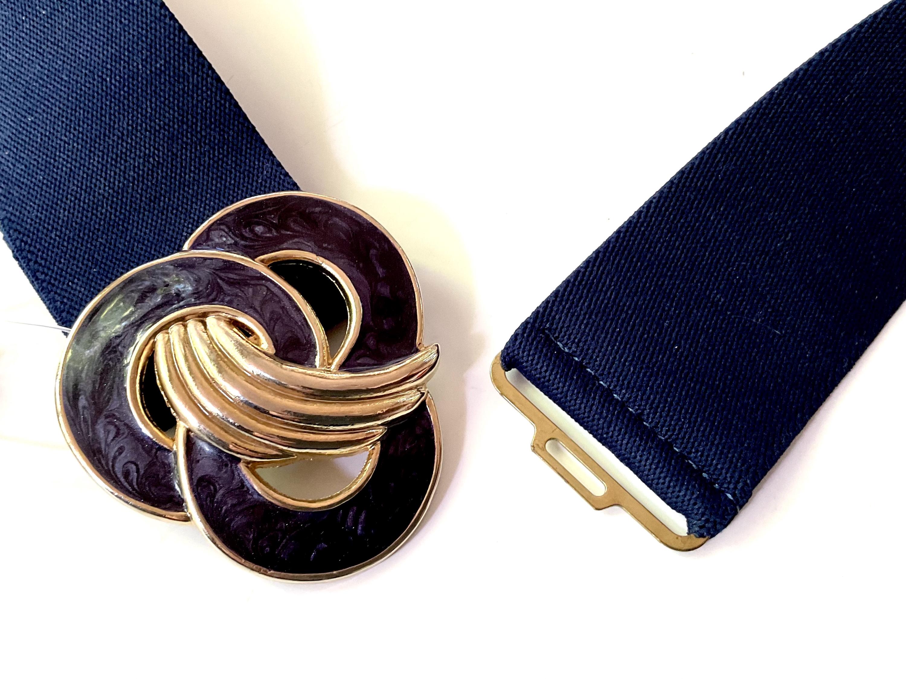 Vintage 80s Stretch Belt: Navy Enamel Buckle, M/L - Nan  display picture 2