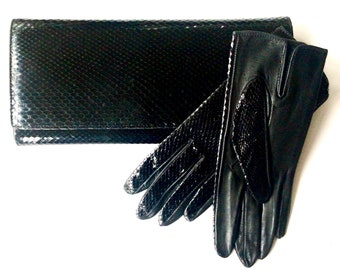 Vintage Snake Leather Clutch with Matching Gloves - 1950s Evening Bag