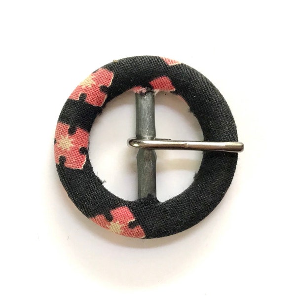 Small Round Belt Buckle, Small Black & Red Fabric Covered Buckle 1.5” Vintage Buckle For Sewing, Retro Belt Buckle For Sweater, 1940s Buckle