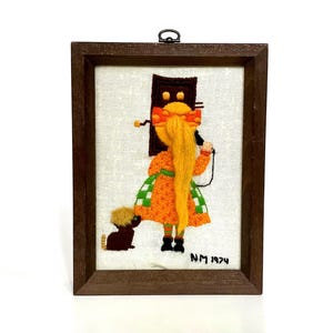 Crewel Wall Hanging, 1970s Decor, Vintage Embroidered Picture & Wooden Frame, Girl and Her Dog, 8&quot;x6&quot;, Handmade Rustic Wall Decor, Wall Art