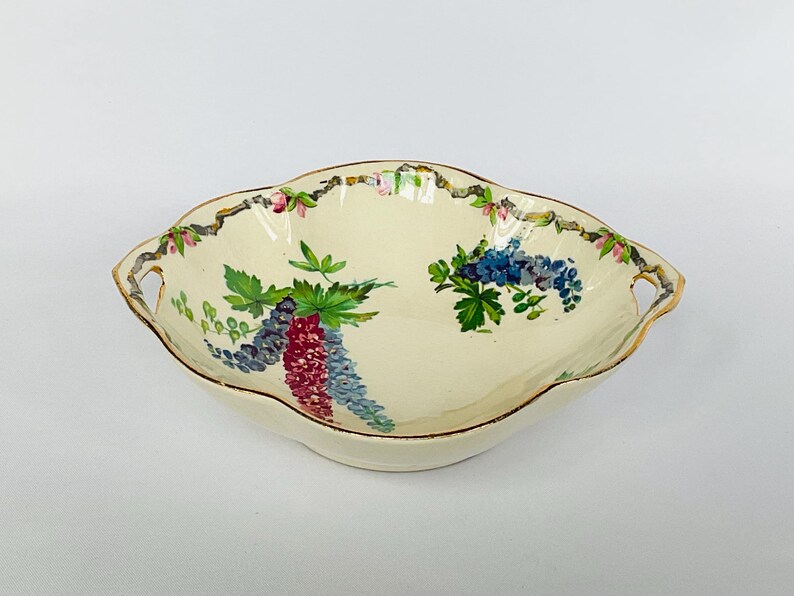 Vintage Royal Winton Delphiniums Dish: Hand-Painted Candy Bowl, 1930s Serving Plate 画像 2