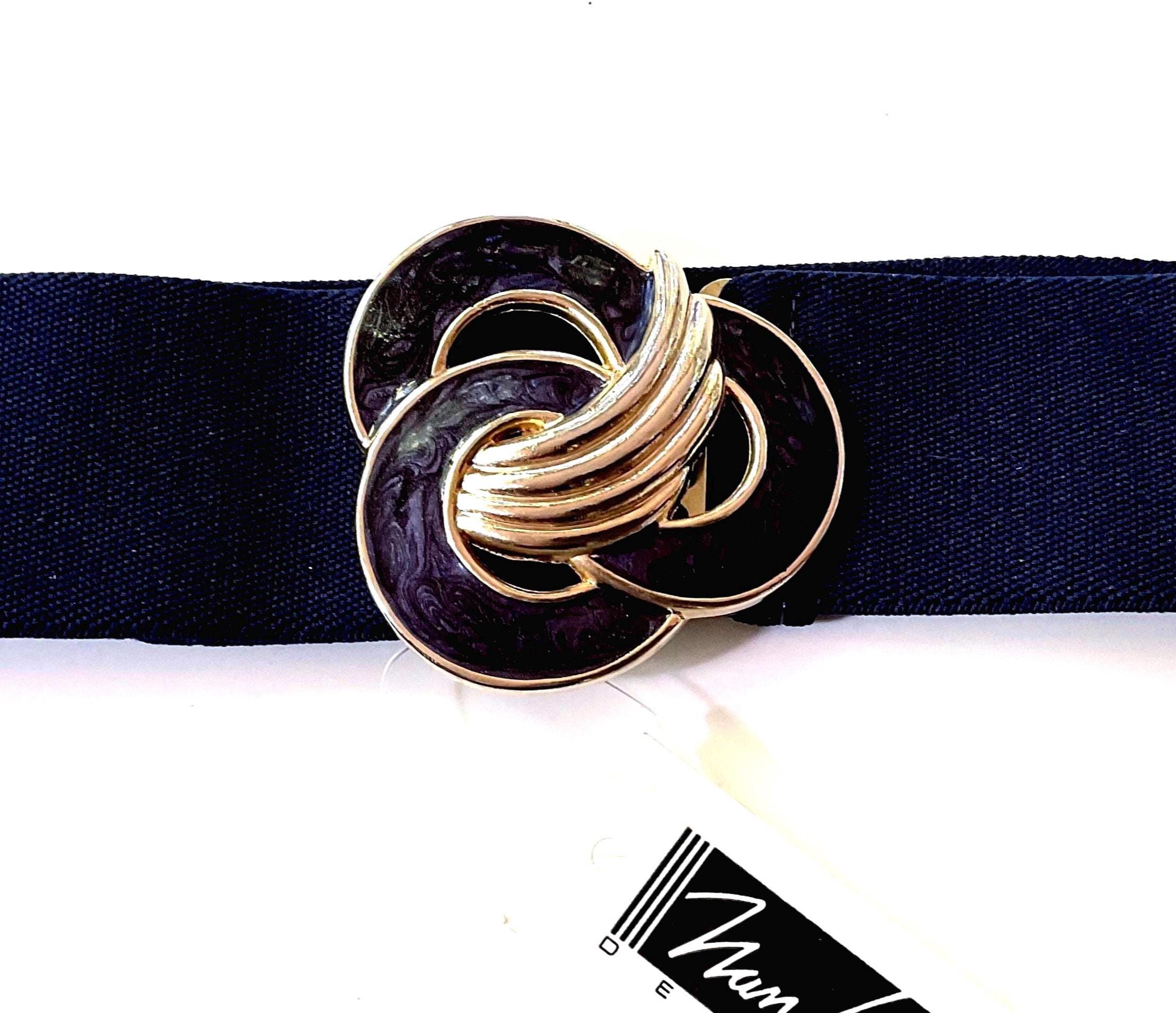 Vintage 80s Stretch Belt: Navy Enamel Buckle, M/L - Nan 