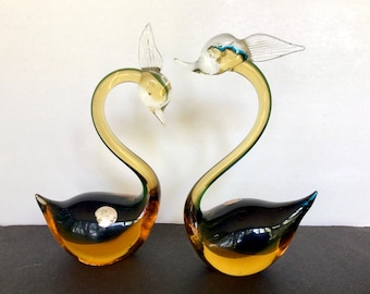 Beautiful Murano Glass Swans Pair, Original Italian Handblown Glass Art With Murano Sticker Bird Lover Gift Glass Figurines Decorative Glass