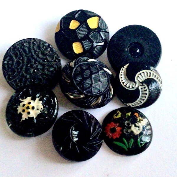 Black Glass Buttons, Authentic Czech Glass Buttons, Vintage Buttons, Collector Buttons for Crafts, Rare Old Buttons, Old Glass Buttons, #6