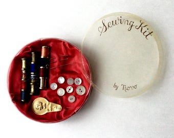 Vintage Sewing Kit: Metal Spools, Shell Buttons, Needle Threader