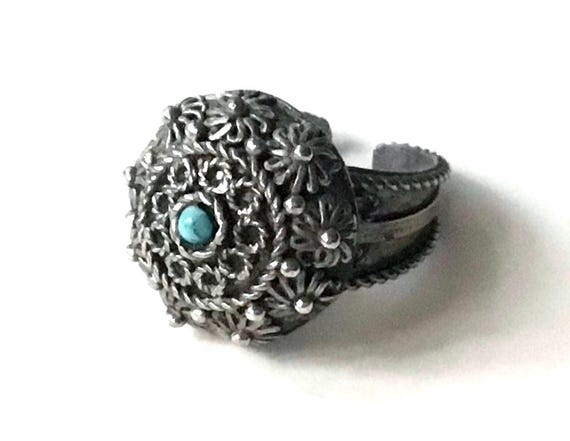 Vintage 900 Silver Turquoise Ring: Adjustable Boh… - image 1
