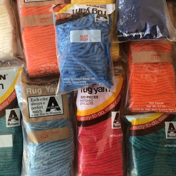 Caron Rug Yarn Lot, 4 New & 10 Partly Used Blue, Orange, Yellow, Marine Acrylic Yarn Pieces, NOS, Monsanto Yarn For Crafts, 2.5” long Each