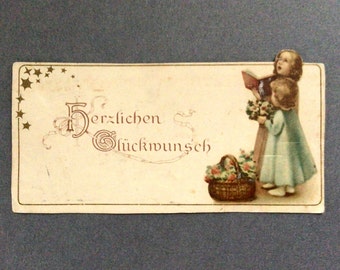 Tarjeta de cumpleaños antigua, tarjeta victoriana, tarjeta de felicitación antigua, Alemania de 1900, tarjeta de vacaciones victoriana, impresiones vintage, tarjeta victoriana