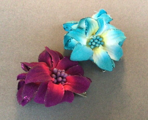 Navy blue daisy flower floral hair bow clip set girls retro vintage cute pretty