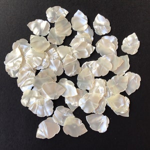 May include: A collection of white, iridescent, leaf-shaped shell pieces. The shells are arranged in a circular pattern on a black background.