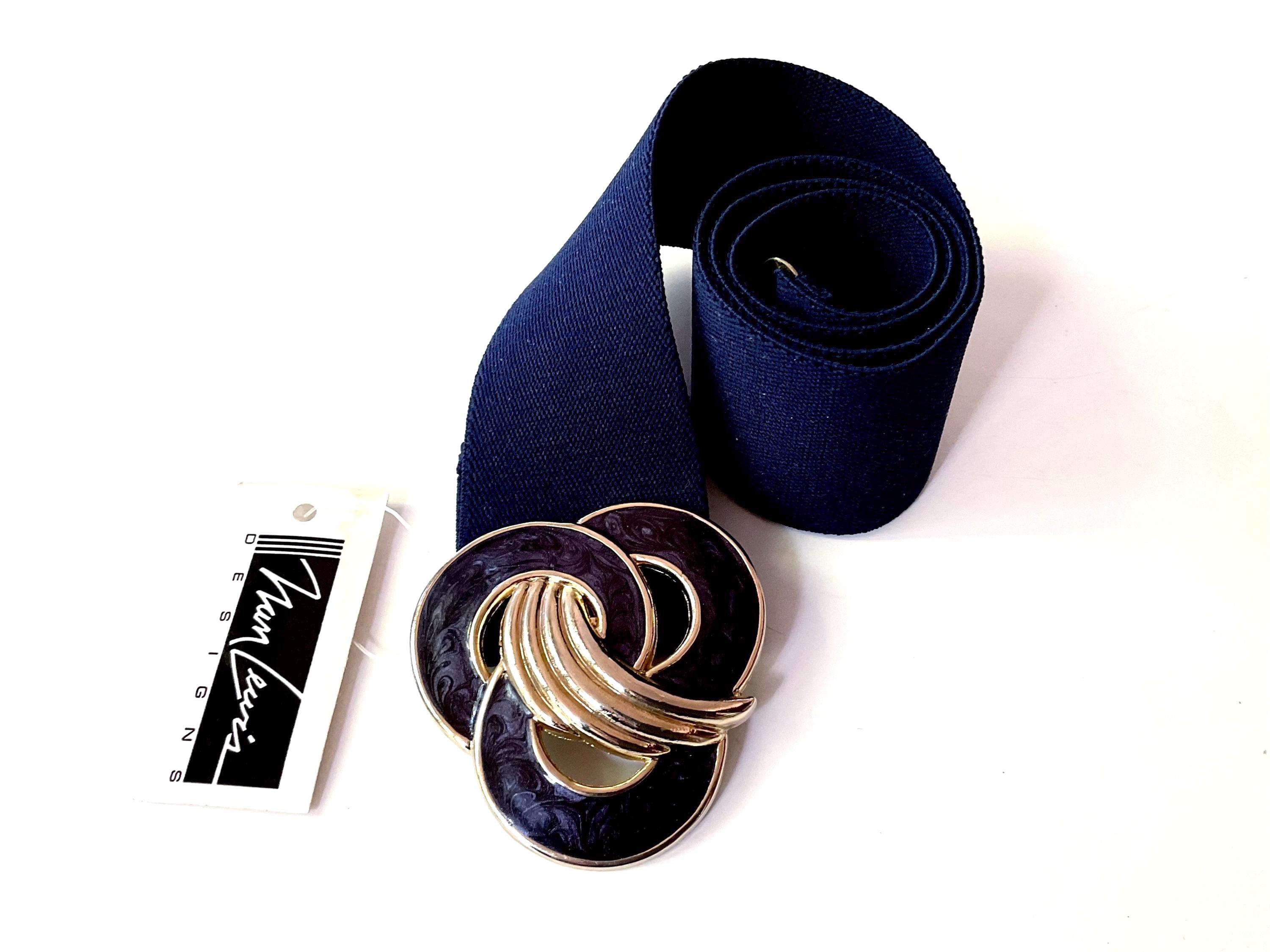 Vintage 80s Stretch Belt: Navy Enamel Buckle, M/L - Nan  display picture 3