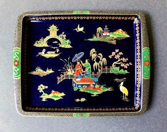 Vintage Tin Tray, Daher Decorated Ware Tin Dish,  Made in England Small Metal Tray, Asian Home Decor, Mid Century Decor, Shabby Chic Decor