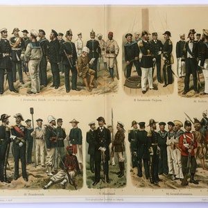 Antiker Militärdruck, Europäische Militäruniform, Marinegeschichte, 1900er Jahre Antike Lithographie War Buff Geschenk Deutsch Französisch Russisches Militär Druck