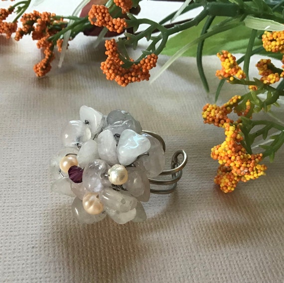 Bead Cocktail Ring, Agate Bead Ring, Adjustable R… - image 3