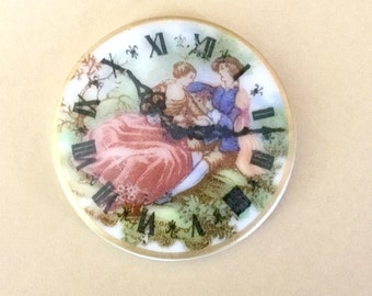 Round Cabochon Disc, Ceramic 35mm Flat Backed Round Cabochon For Jewelry, Love Romance, Victorian Couple Cabochon Clock 1970s