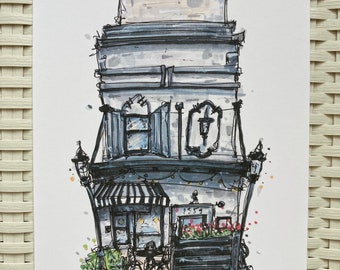 Original urban sketch print | Expressive architecture with flowers and plants | Marker and ink drawing | Sarasota, Florida | 5x7 wall art