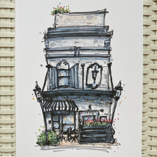 Original urban sketch print | Expressive architecture with flowers and plants | Marker and ink drawing | Sarasota, Florida | 5x7 wall art