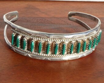 Sterling Silver and Malachite Needlepoint Cuff Bracelet, Signed