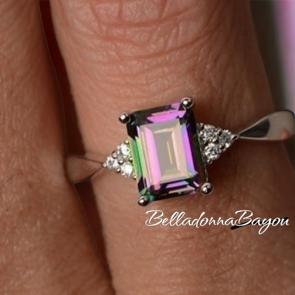 Sterling Silver Princess Cut Mystic Rainbow Topaz Ring