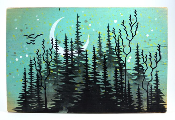 Pine Tree Silhouette Painting Basin Reclaimed Moon Night Sky Etsy Pine Tree Silhouette Painting Basin Reclaimed Moon Night Sky Etsy