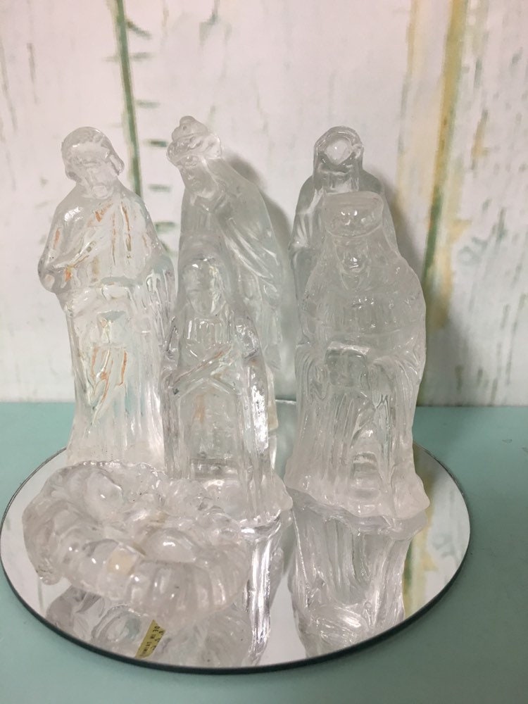 7 Piece Clear Glass Vintage Nativity on Mirror Pedestal Etsy
