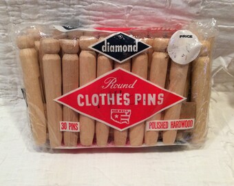 Vintage round hard wood clothes pins, in original package, made in the USA, 30 count, like new