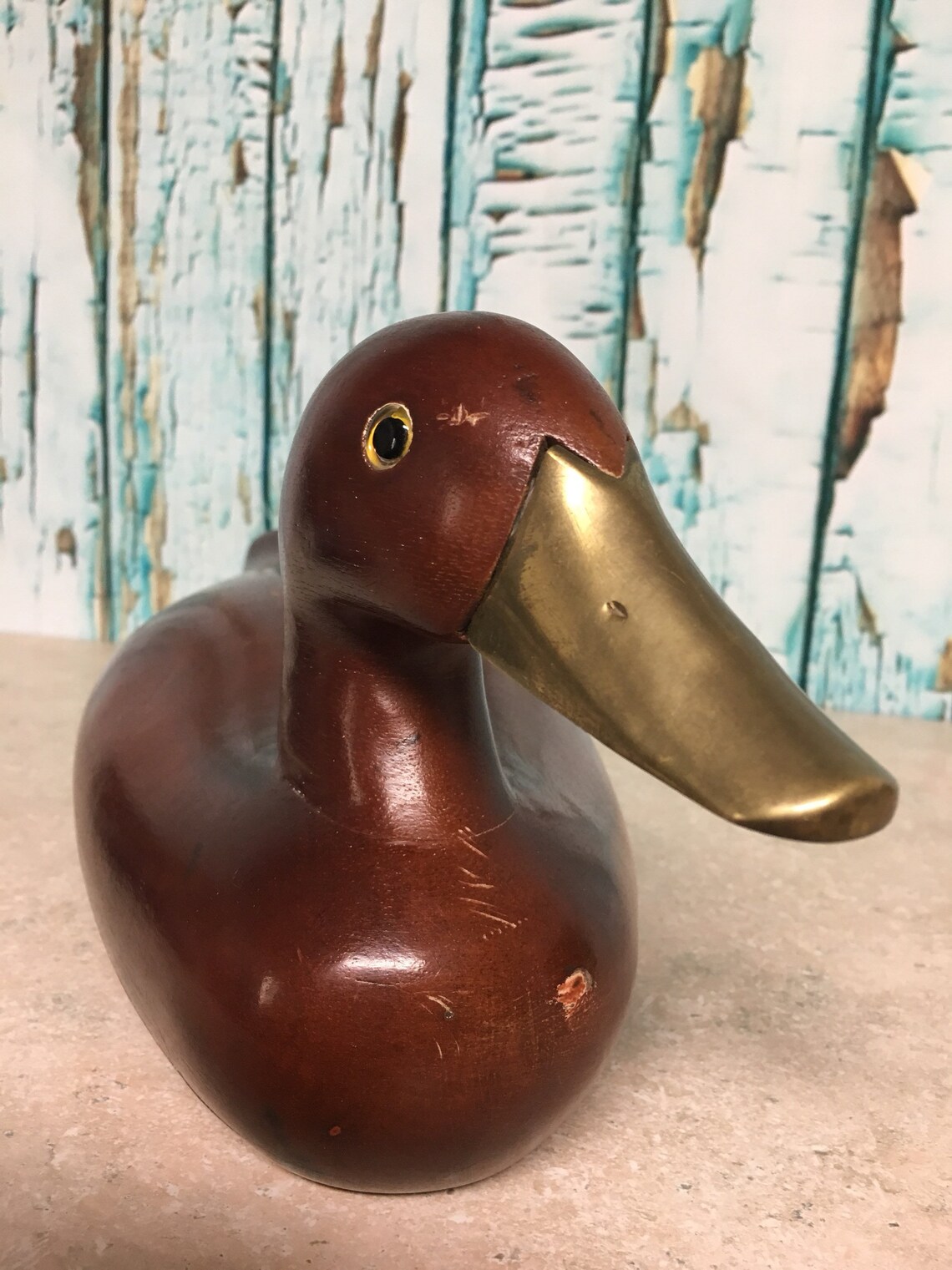 Beautiful large wood wooden hand carved duck with brass bill Etsy