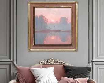 Eous [Art Print] Peinture représentant le lever du soleil, l'aube, le paysage rose avec des grues survolant le lac et le reflet d'un ruisseau - Illustration de décoration pour poster